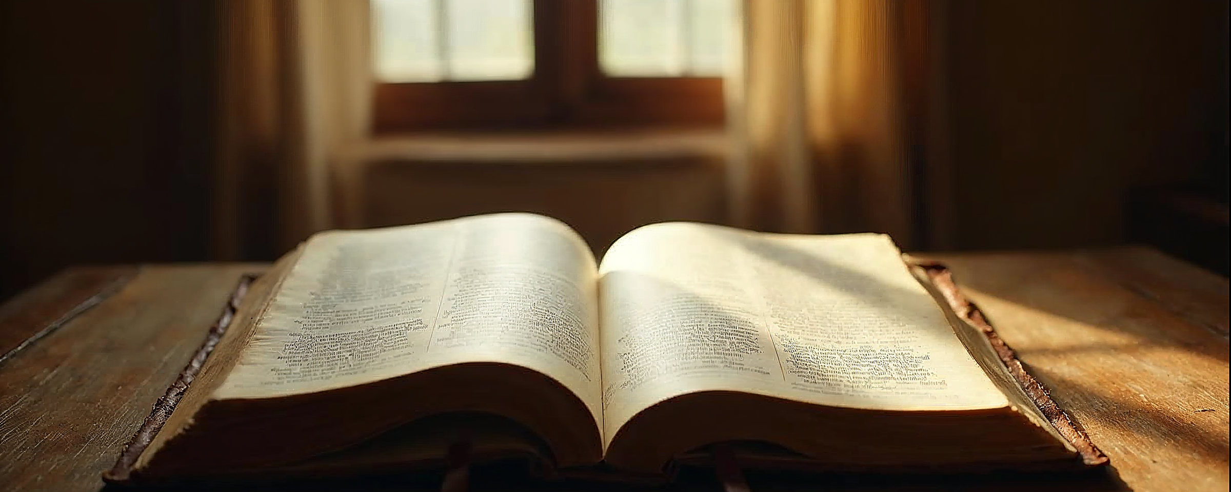 An open Bible rests on a wooden table in soft window light, showing what the Church of Christ believes