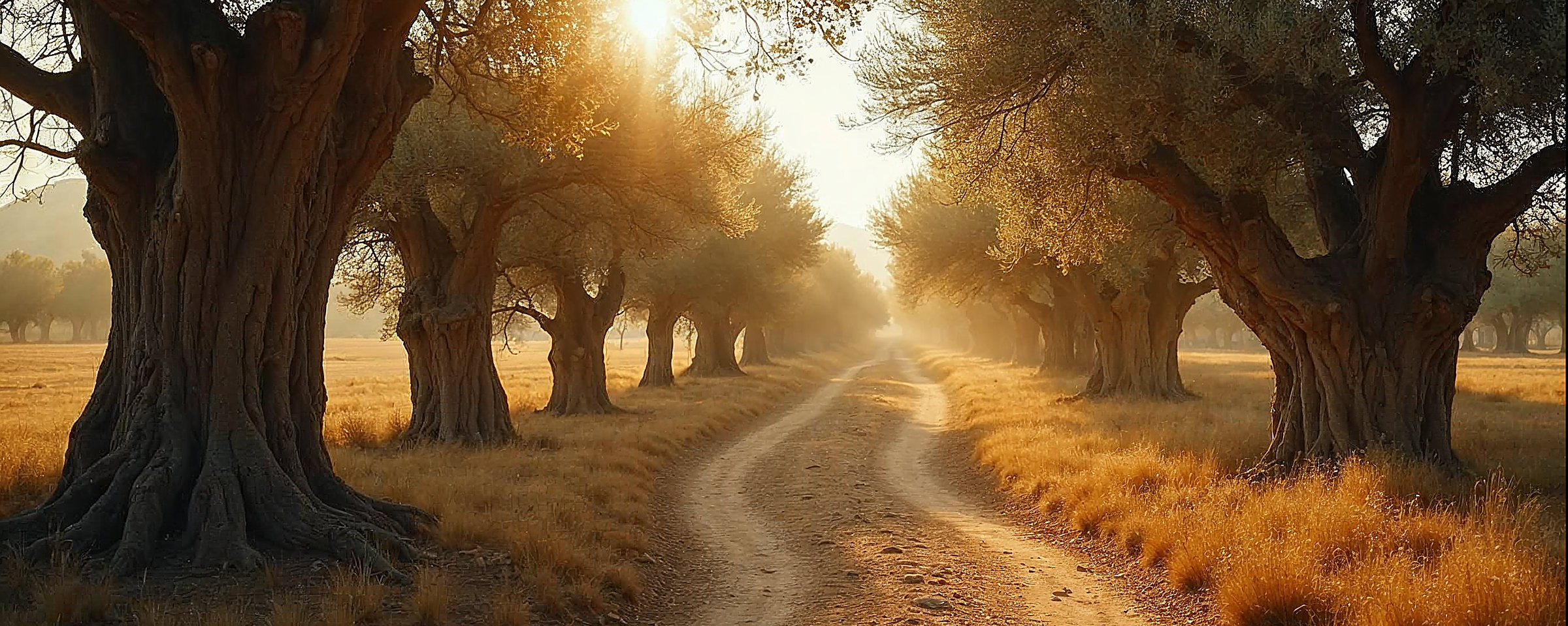 A quiet path runs through an olive grove in warm evening light, the road to contact Laudium Church of Christ