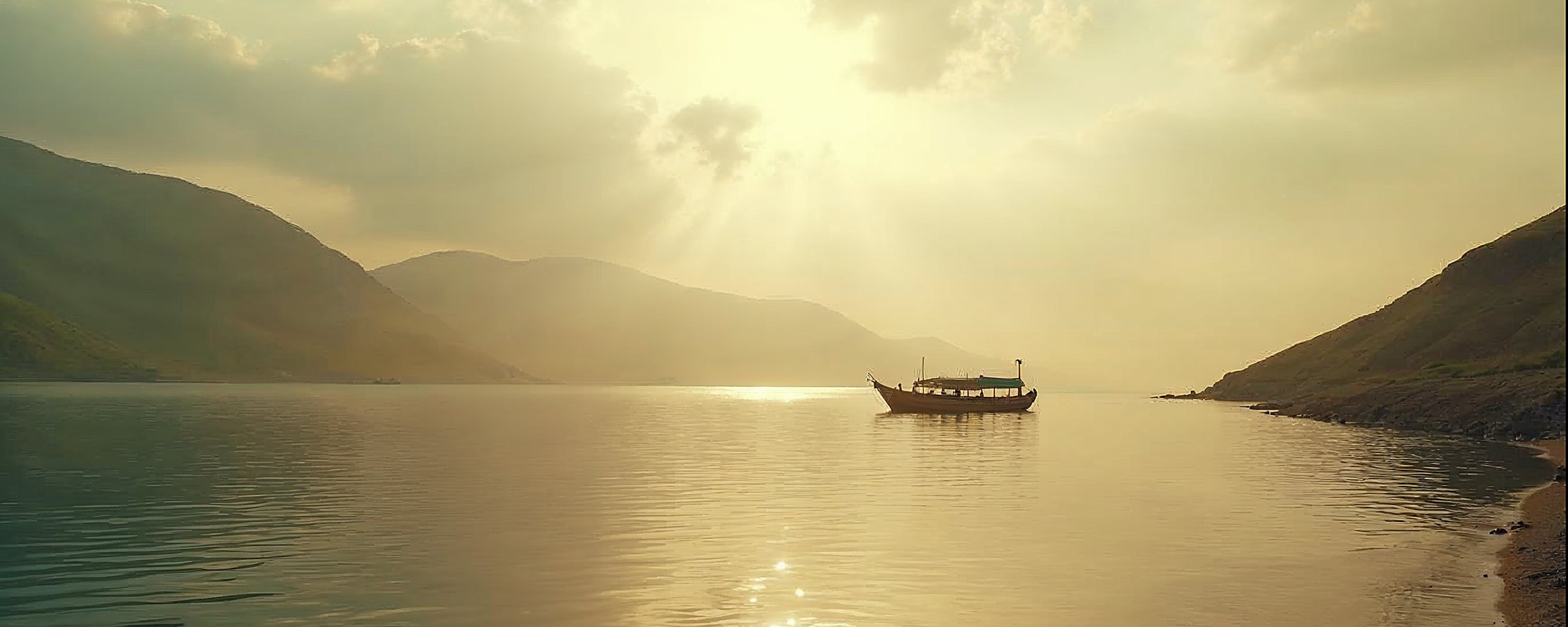 The calm Sea of Galilee at dawn with a fishing boat, a picture for church events in Pretoria