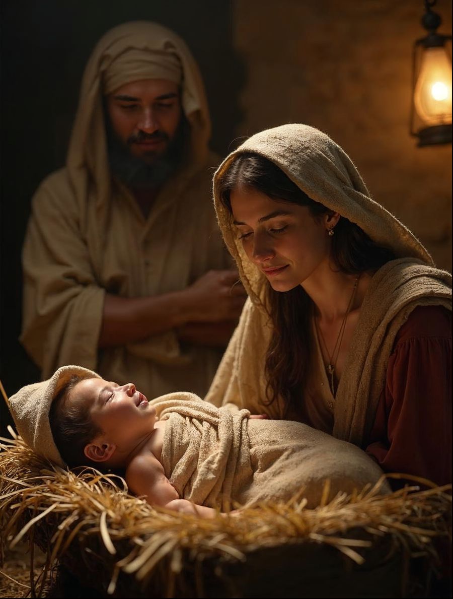 Mary leans over baby Jesus asleep in a straw manger while Joseph stands behind her holding a lantern in a stone stable