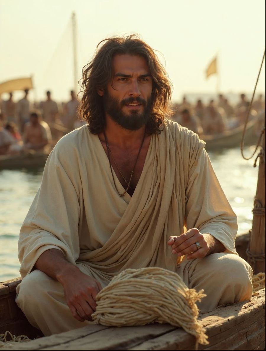 Jesus teaches a crowd from a fishing boat on the Sea of Galilee, the kind of lesson in our Church of Christ sermons