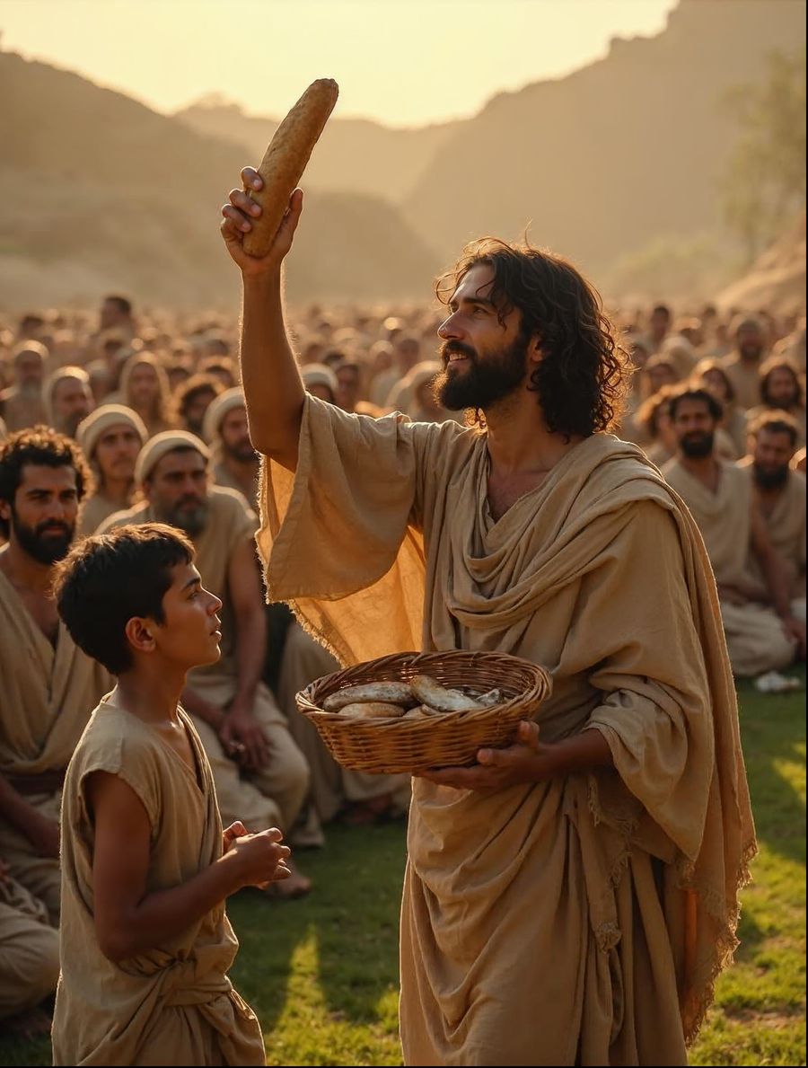 Jesus lifts loaves of bread in thanks before a seated crowd, a story for church events in Pretoria