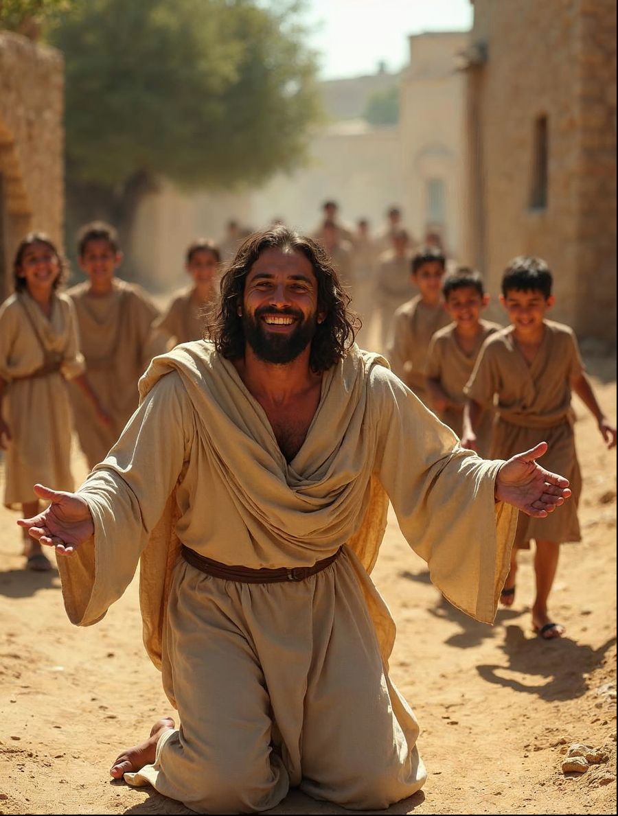 Jesus kneels on a village path with open arms while children run to him, a welcome when you contact Laudium Church of Christ