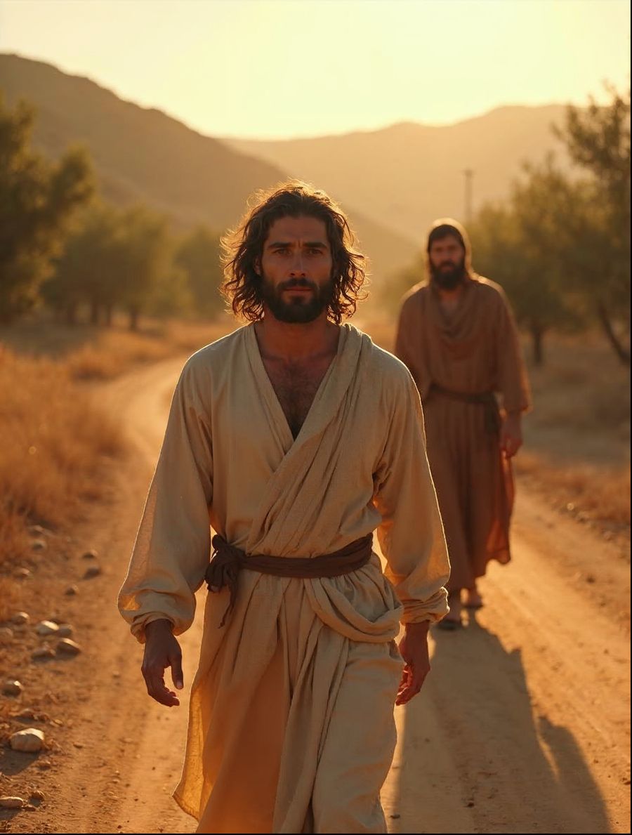 Jesus walks a country road at sunset beside two travelers, a story to read before you find our Laudium church location