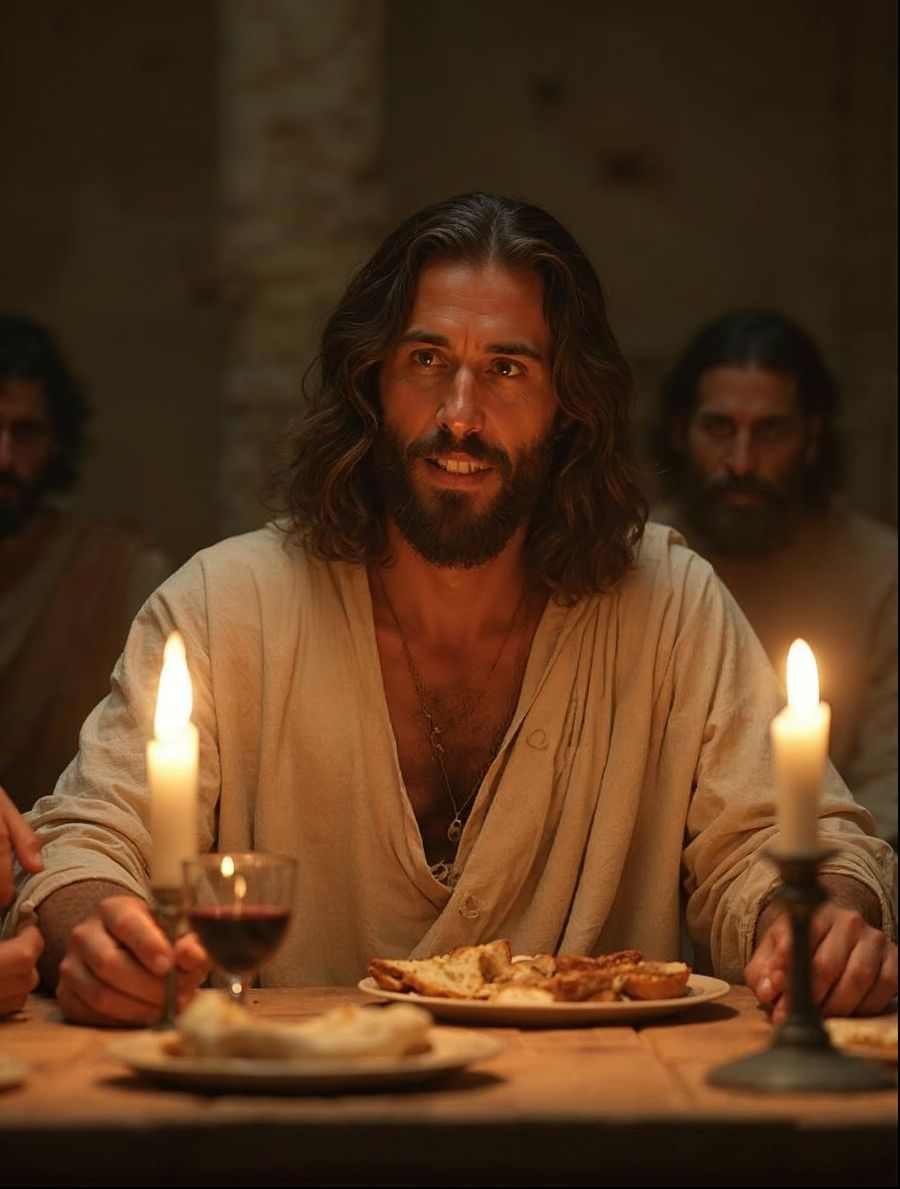 Jesus breaks bread with his twelve disciples by lamplight, the supper we remember at our church service times in Pretoria